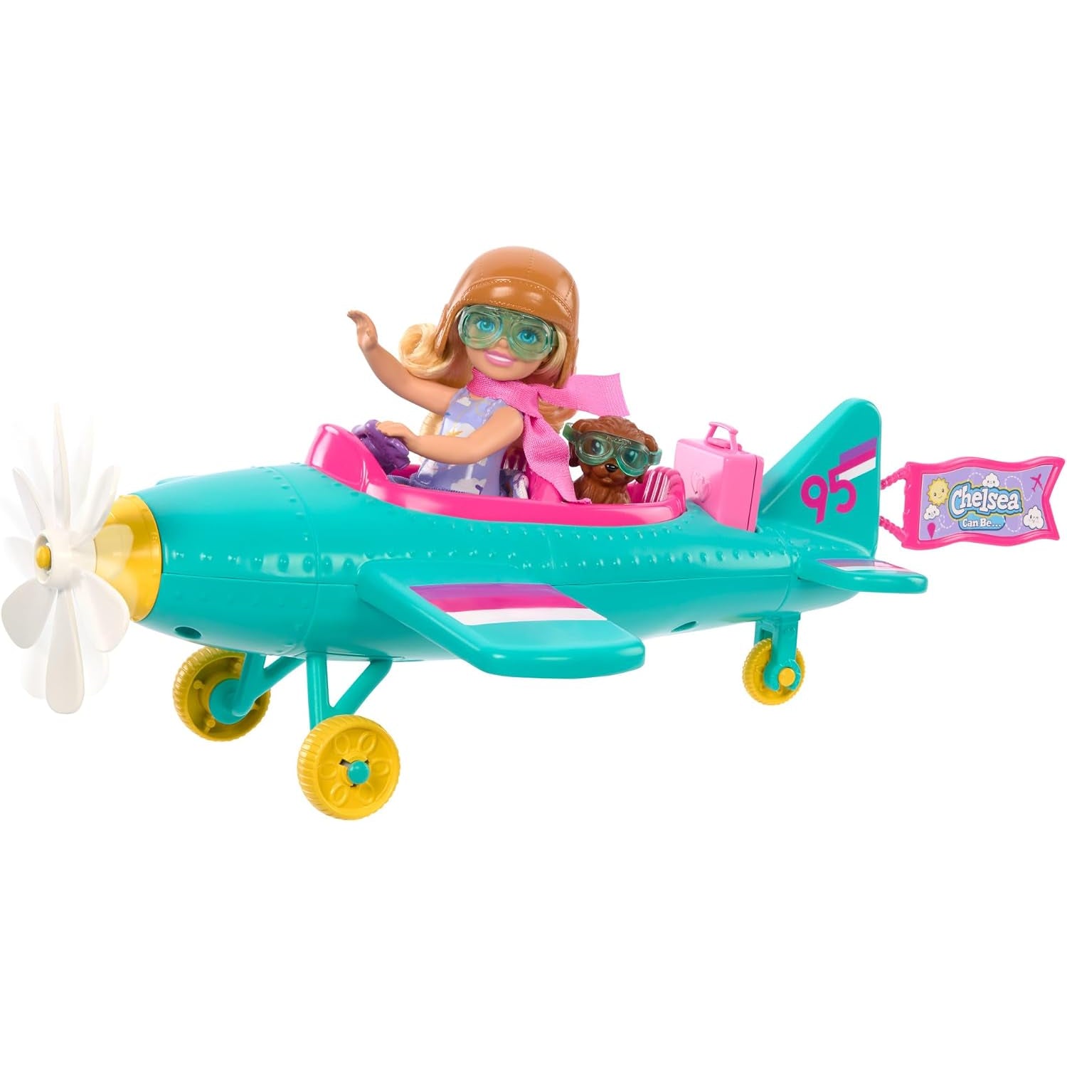 Muñeca Barbie Chelsea en avión azul con gafas y accesorios juguete